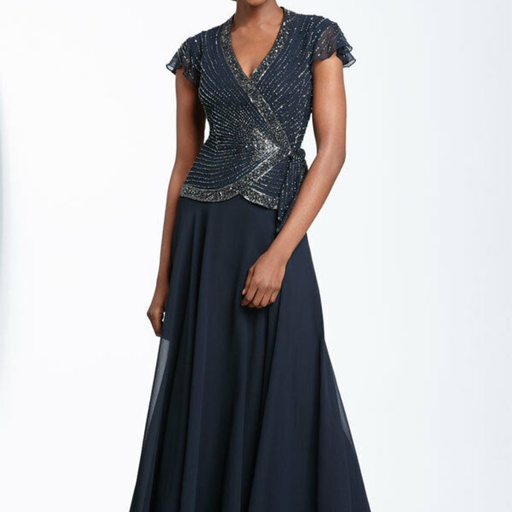 J KARA Beaded Chiffon  Gown Mock GOWN NAVY